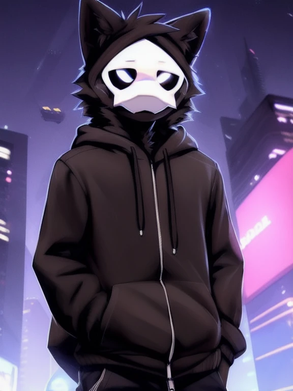 by zackary911, (coffeesoda:1.1), hioshiru, zackary911, puro, anthro, male, solo, clothing, fur, 2022, black clothing, hoodie, black topwear, lidded eyes, black hoodie, cyberpunk city background, 