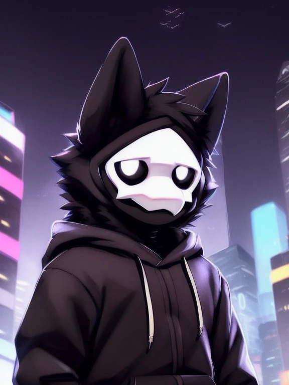 by zackary911, (coffeesoda:1.1), hioshiru, zackary911, puro, anthro, male, solo, clothing, fur, 2022, black clothing, hoodie, black topwear, lidded eyes, black hoodie, cyberpunk city background, 