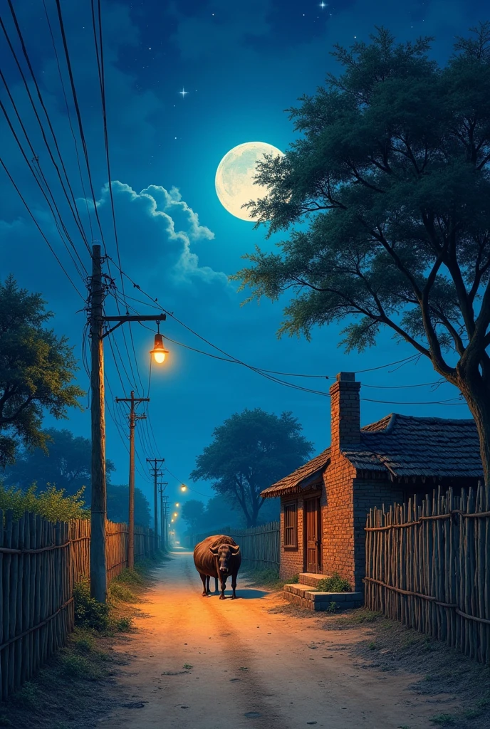 Make a photo of 10:19 aspect ratio with oil pastel colours which has a night sky and a moon in it with a kacha road and a buffalo cart on the road and electric poles wire through the road and  street lights on the road, a kacha house made of bricks with a chimney on the top of the house, on one side of the road and boundries are made up of bamboo and the other side of the road is covered with large trees 