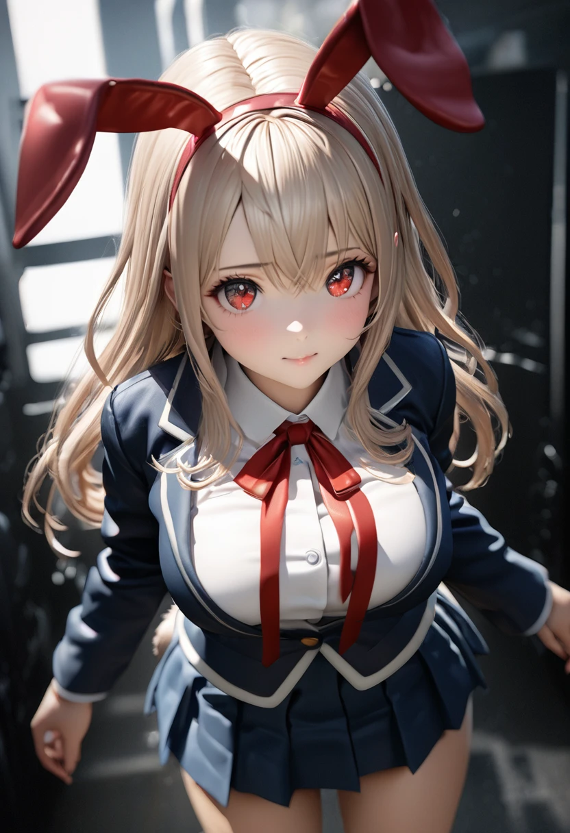(masterpiece:1.3), (8K、best quality:1.3), Highest image quality, intricate details, high resolution, depth field, Natural light, professional lighting, (1 girl), (solo), gravure, (Asian boyish 18 year old girl), (very beautiful:1.3), (very cute face:1.3), (Beautiful face with perfect symmetry), (high detail skin: 1.2), Photorealistic anime girl rendering, Realistic anime 3D style, beautiful platinum blonde hair, long hair, crossed bangs, asymmetrical bangs, eyelashes, intense red eyes, strong eye highlights, (awesome bunny ears:1.3), (awesome bunny tail:1.3), very big breasts, perfect anatomy, ((red ribbon tie, Japan High School Uniforms, dark blue long sleeve jacket, white shirt, navy blue flared skirt, mini skirt)), ((Camera angle looking up from the front and slightly below)), decorative choker, (sophisticated headphones), (metallic bra), (Looking back, look up at the camera), it&#39;s raining, my body gets wet from the rain, Decadent and futuristic urban area in the evening, (cyberpunk city), (futuristic car, flashing red light), (lightning is shining), (Flashing blue and purple neon tubes), volume lighting, soft light, Bright colors, watercolor painting, bright colors, Create digital artwork in pop art style