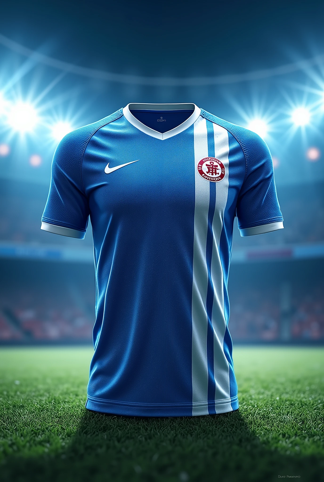 An image of a generic chemical technology  jersey designed in the fashion expected from a large sports-focused company. The jersey should be brightly colored, preferably in blue and white hues, and should include modern chemical instrument infused into the design. High-tech fabric texture is evident and the company's branding is prominently displayed. Players number and name can be seen at the back of the jersey.