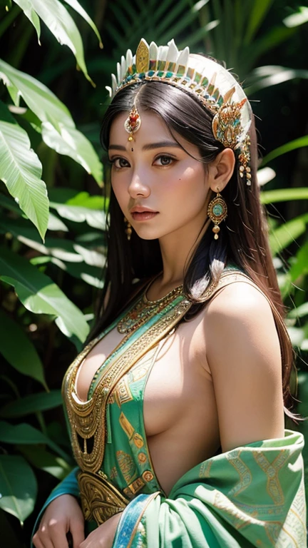 A beautiful woman Mayan stands in the middle of nature in a lush tropical forest ,waterfall, surrounded by native plants, in an intricate traditional robe-dress decorated with geometric patterns. The woman has a headdress made of colorful feathers and beads, beautiful braests, which reflect the morning sunlight. Her face is full of grace and mystery, all of which reflect the beauty and sacredness of the ancient Mayan culture, natural soft light
