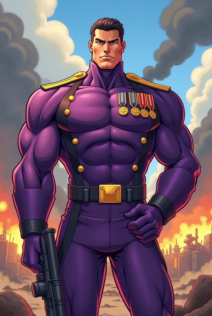 Male cartoon war character in purple color clothes