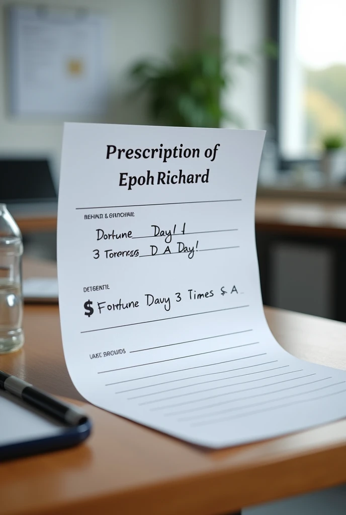 A realistic image of a medical prescription on a white paper, titled 'Prescription for Epoh Richard' at the top. The doctor's prescription pills should be includes the name 'Fortune Davy 3 times a day.' The setting is a typical doctor's office, with the prescription placed on a desk. The overall tone is professional and clean.