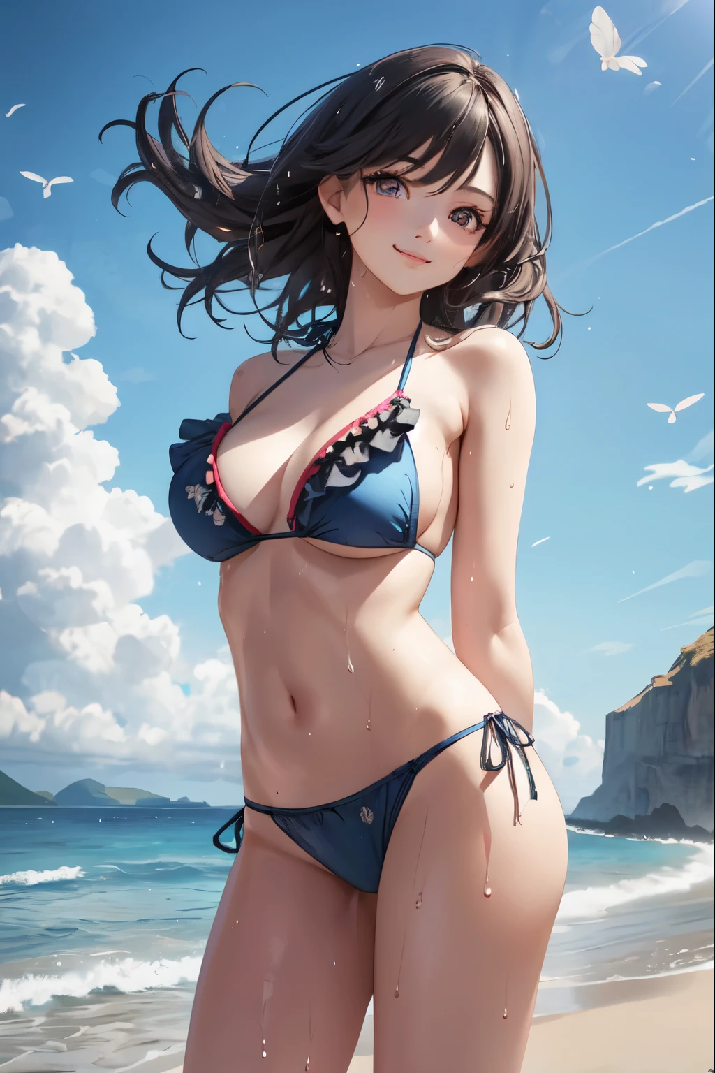 very cute and beautiful girl,(highly detailed beautiful face and eyes),(frilled floral blue bikini),sweat,wet,
standing,beautiful legs,arms behind back,beach,distant rugged cliffs,(smile),happy,looking at viewer,black hair,
(best quality,masterpiece),absurdres,highres,ultra-detailed,extremely detailed,32k,
cinematic scene,detailed background,solo,dynamic angle,
hair fluttering in the wind,beautiful detailed sky,(realistic),perfect hands,