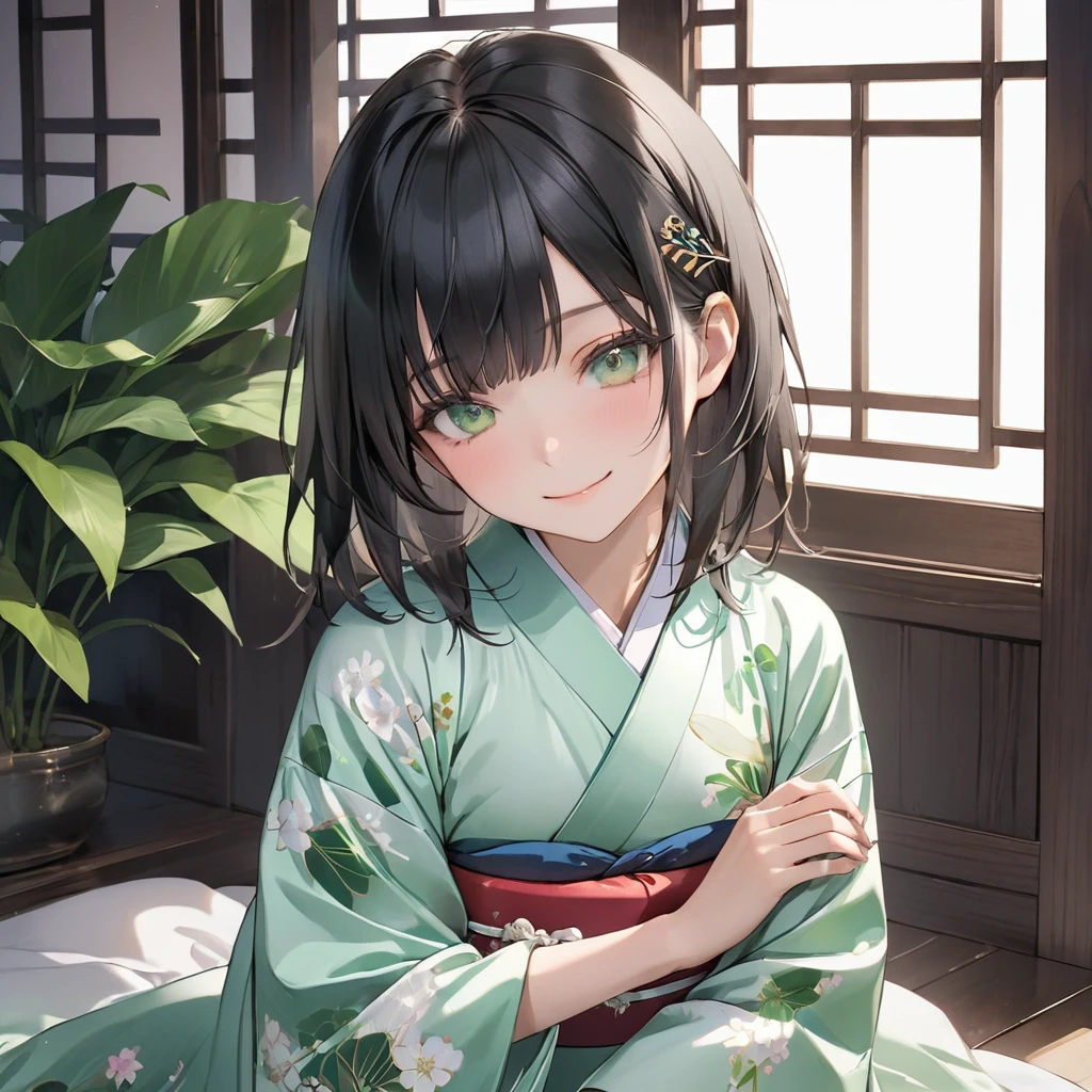 (masterpiece),(highest quality:1.2),(Highly detailed elegant),((Perfect Anatomy)),(Perfect Fingers:1.3),(1 girl),(japanese princess),(small breasts),(beautiful silky black hair:1.2),(frontal face),beautiful and detailed green eyes,beautiful detailed white kimono fashion with green leaf pattern,japanese hairpin with detailed emerald,Disappointed,pastel tones,shy smile,in japanese tea house,beautiful lighting,((seiza)),wide shot