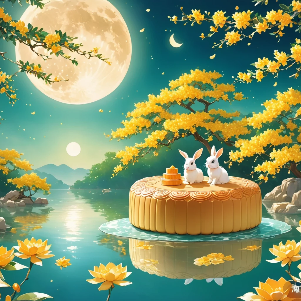 Chinese architecture situated on a super big moon cake, four rabbits sitting next to each other eating moon cake with osmanthus tree, poster design, masterpiece, super fine, 8K, 3D cartoon miniature scene with gold coins, treasure chests, calm water surface background, green water surface with moon reflection cute rabbits, yellow flowers floating on the water surface, the moon is just showing half of the water surface, osmanthus tree, green and light orange gradient in the background