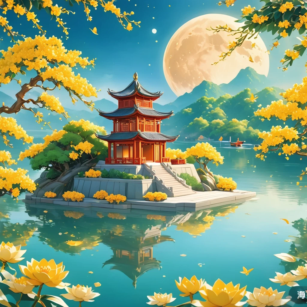 Chinese architecture situated on a super big moon cake, four rabbits sitting next to each other eating moon cake with osmanthus tree, poster design, masterpiece, super fine, 8K, 3D cartoon miniature scene with gold coins, treasure chests, calm water surface background, green water surface with moon reflection cute rabbits, yellow flowers floating on the water surface, the moon is just showing half of the water surface, osmanthus tree, green and light orange gradient in the background