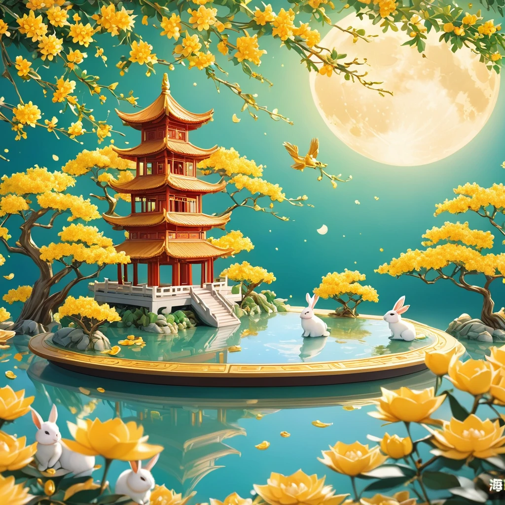 Chinese architecture situated on a super big moon cake, four rabbits sitting next to each other eating moon cake with osmanthus tree, poster design, masterpiece, super fine, 8K, 3D cartoon miniature scene with gold coins, treasure chests, calm water surface background, green water surface with moon reflection cute rabbits, yellow flowers floating on the water surface, the moon is just showing half of the water surface, osmanthus tree, green and light orange gradient in the background