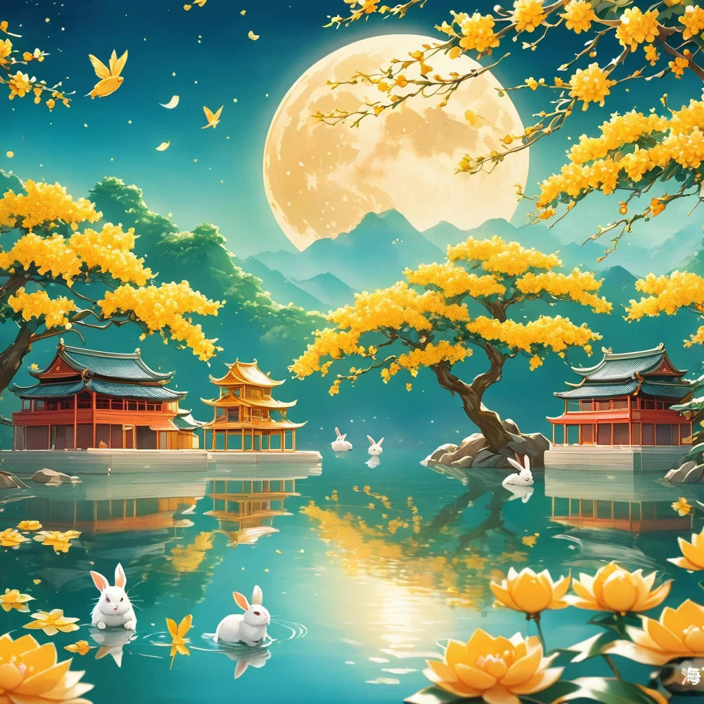 Chinese architecture situated on a super big moon cake, four rabbits sitting next to each other eating moon cake with osmanthus tree, poster design, masterpiece, super fine, 8K, 3D cartoon miniature scene with gold coins, treasure chests, calm water surface background, green water surface with moon reflection cute rabbits, yellow flowers floating on the water surface, the moon is just showing half of the water surface, osmanthus tree, green and light orange gradient in the background