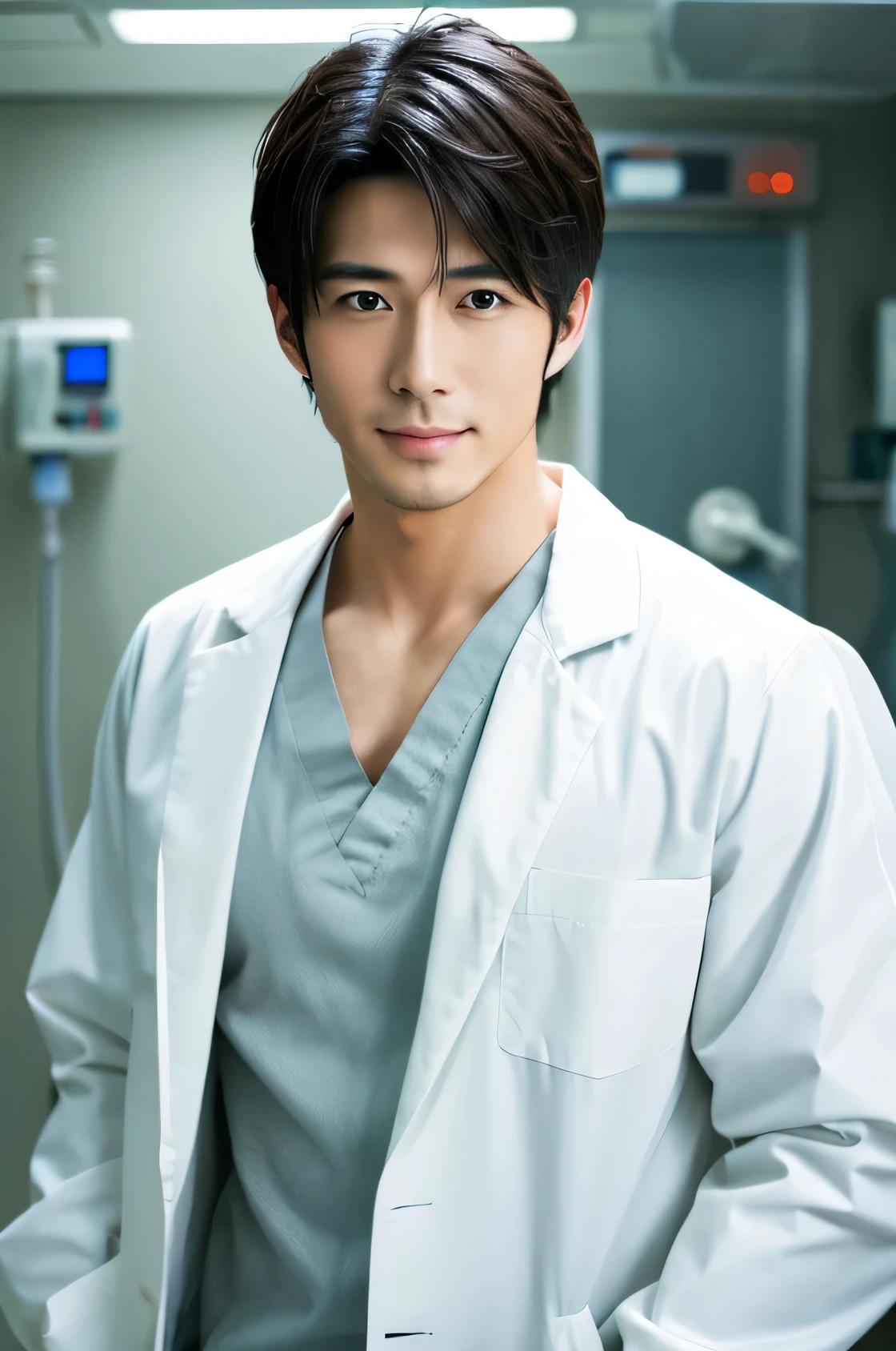 Photorealistic, high resolution, High resolution,Japanese male nurse, Handsome, Idol, White Lab Coat, Upper Body, hospital, ward