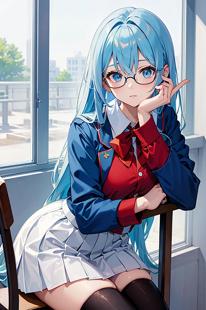 hd, Anime girl, portrait of female student, clean and meticulous anime art, light blue hair, beautiful anime art style, cute anime girl portrait, blue eyes, lovely art style, Soft anime illustration, shy, ((red jacket with white collar and rim)), thin waist, school uniform, long hair, upper body, black rimmed glasses, café, sitting, leaning forward