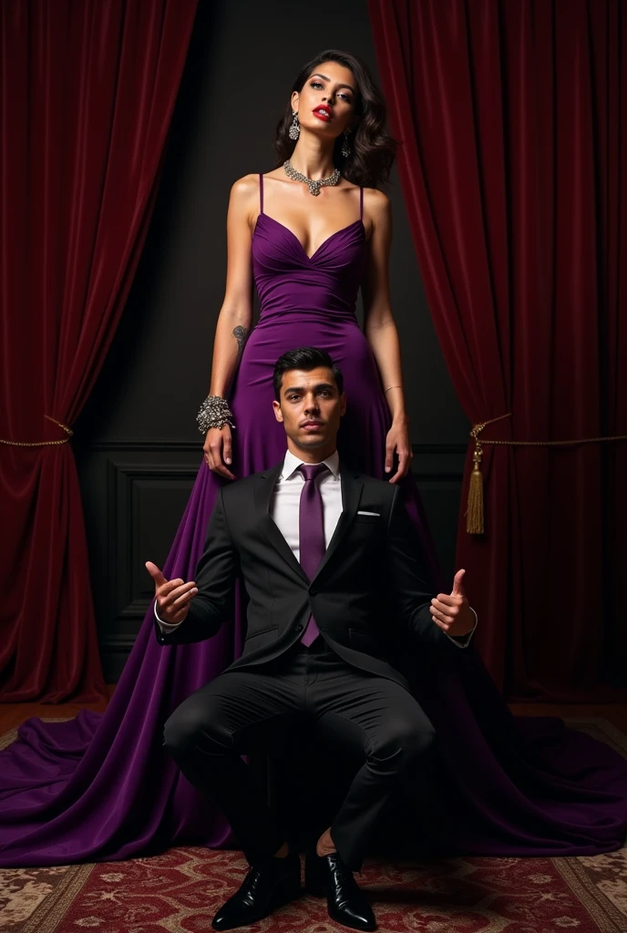 Angry Mistress in purple dress trample suited slave