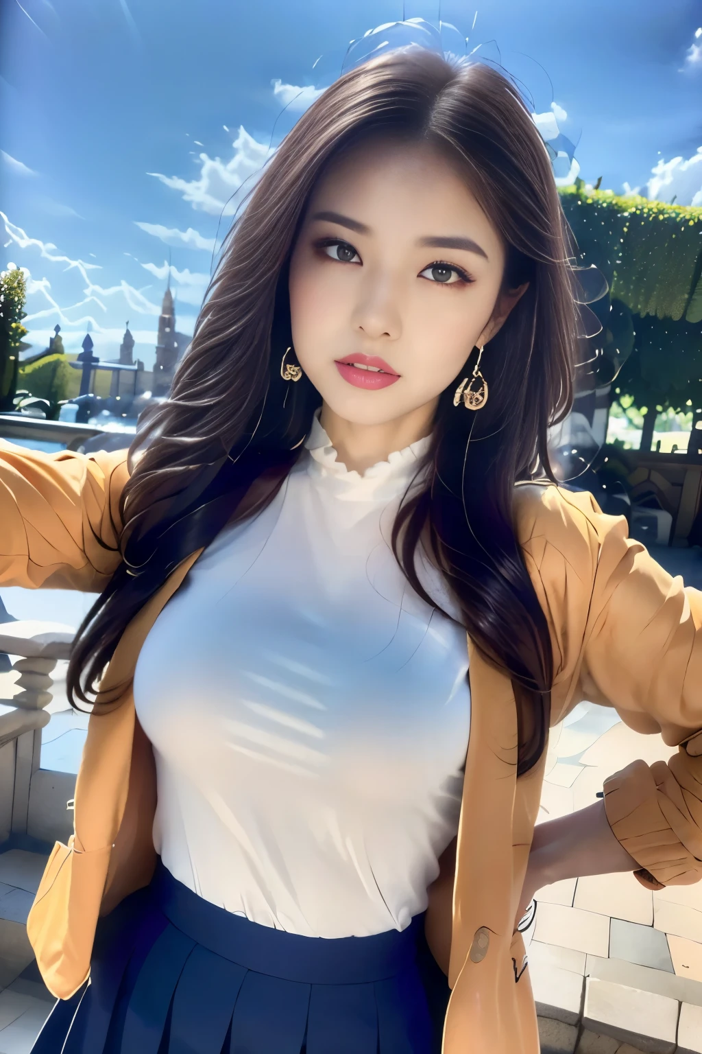((Highest quality, 8k, masterpiece :1.3)),Gravure idol,outside,Tokyo Disneyland,Cinderella Castle,squirt,(Full Body Shot),Asking for a kiss,Perky drooping breasts,Beautiful pose,Looking into the camera,Red lipstick:1.2,Dark lipstick:1.2, double eyelid,Navy blue mini skirt,(White blouse),(masterpiece: 1.3), (Maximum resolution: 1.4), (Ultra-high resolution: 1.2), Cinematic Light, Ultra-high resolution, Detailed eyes and skin, 8k resolution, Perfect Style, Beautiful expression,Highly detailed face,Glossy Lips:1.2,Straight Hairstyles,Look forward,(Orange jacket),Very tall,blue sky
