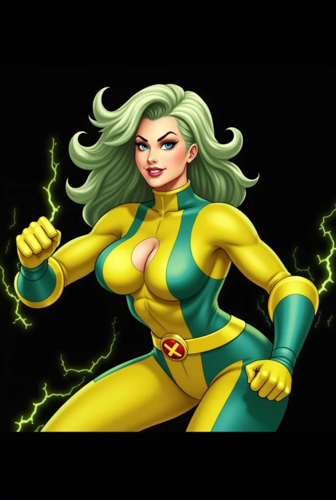 Lorna Dane, polaris x-men, (attack pose:1.4), (busty and voluptuous body), (naked arms), (green thick wavy long hair:1.4), (huge breast:1.6), wearing a blue costume, big yellow in the chest and stomach, with yellow xmen belt, blue glowes, yellow boots, (she's surrounded by a green energy:1.5), (pixel art style:1.4)
