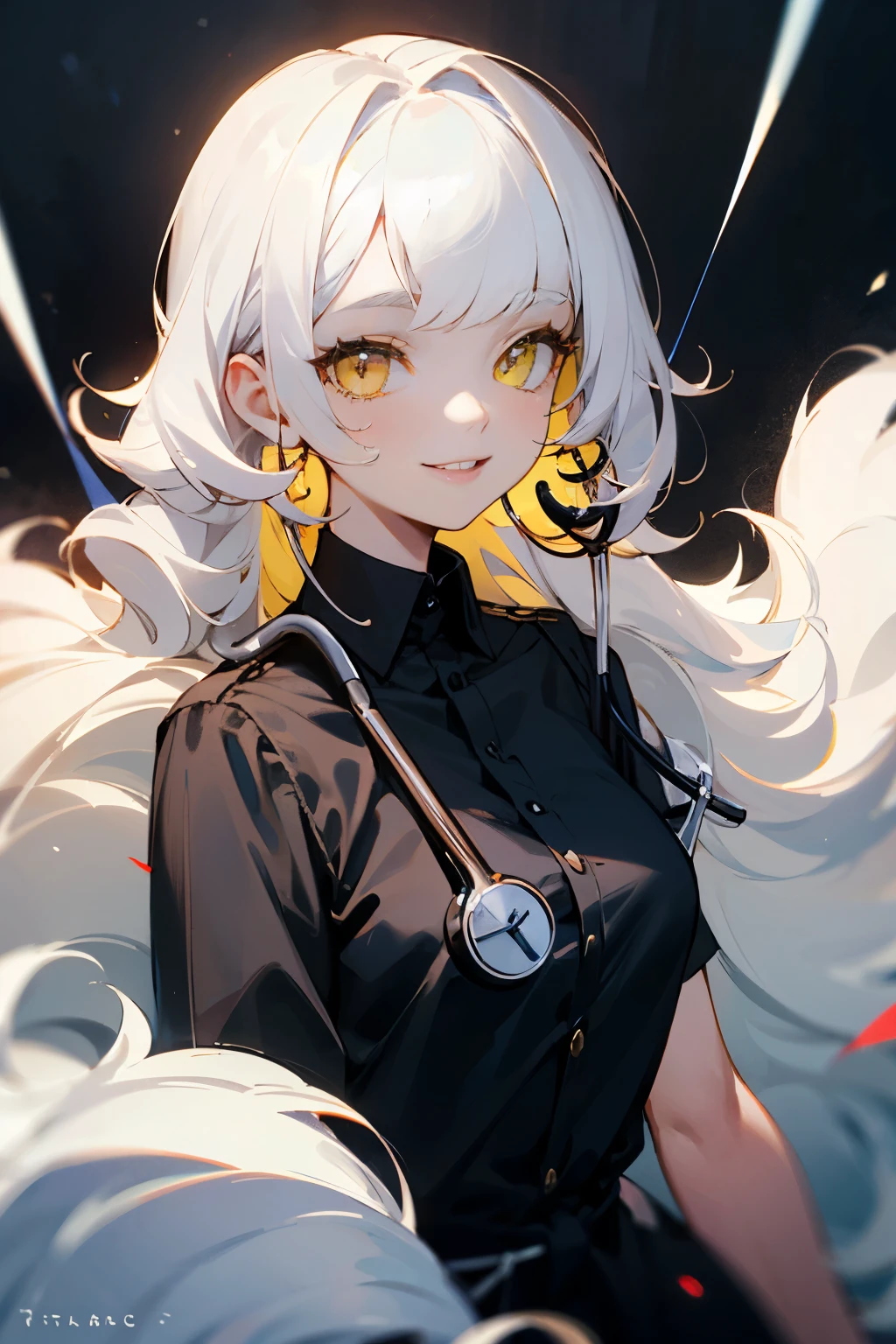 A Beautiful woman. Vibrant yellow eyes. Tied up fluffy hair with bangs. White eyelashes. Smiling playfully. Black shirt. Long hair. One person. White hair. Stethoscope