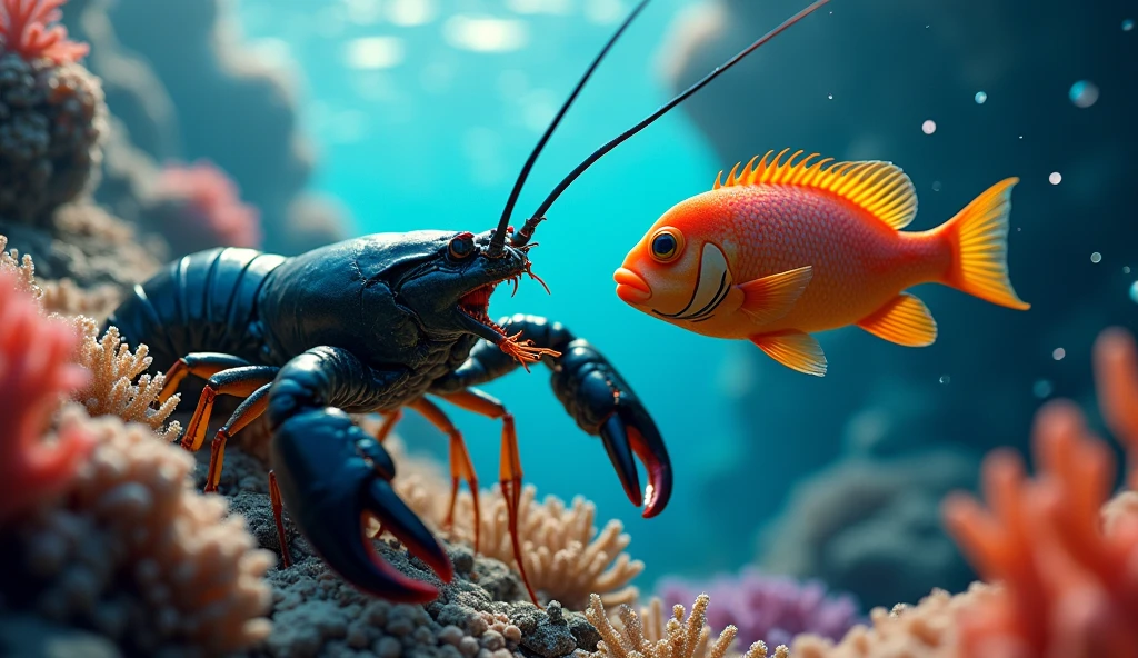 (Ultra-realistic, wonderful, Exquisite photography, Cinematography), (Very detailed, wonderfulファンタジー設定), (colorful, Ultra-realistic, high quality, Very detailed, Sharp focus, 8K Ultra HD, Artistic photography), (Trending on Art Station)A black lobster is attacking a fish.、No humans