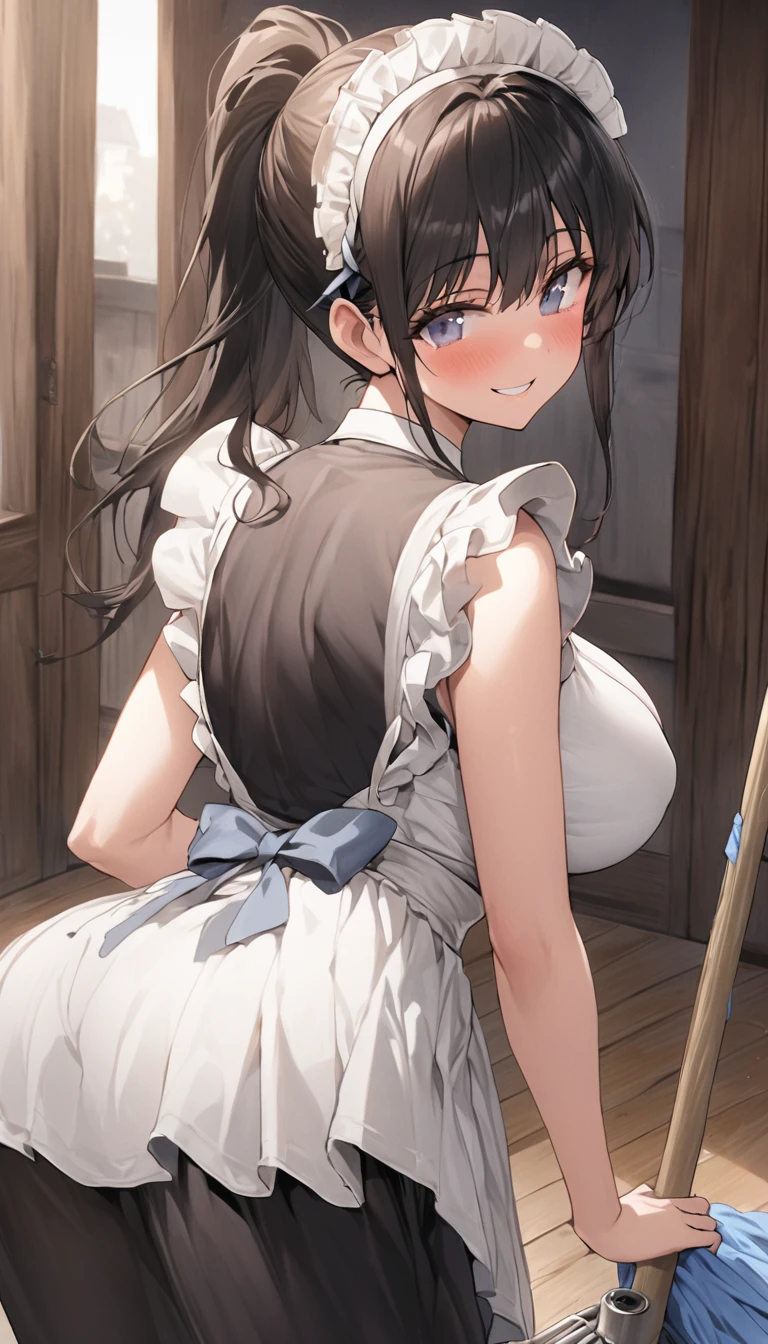 One Woman、beautiful girl、maid、20-year-old、ponytail、Western-style building、maidの、Calm look、Drooping eyes、柔らかなsmile、A motherly expression、Baby Face、頭にmaidカチューシャ、Short skirt、Black Pantyhose、Ultra-high definition image quality、Highest quality, smile,Big Breasts、Very large breasts、Wipe the floor with a rag、Cleaning the floor with a hand-held mop.、Squint your eyes and smile、Bend down to clean the floor、Cleaning the floor on all fours、Turn your butt towards the viewer、Back pose