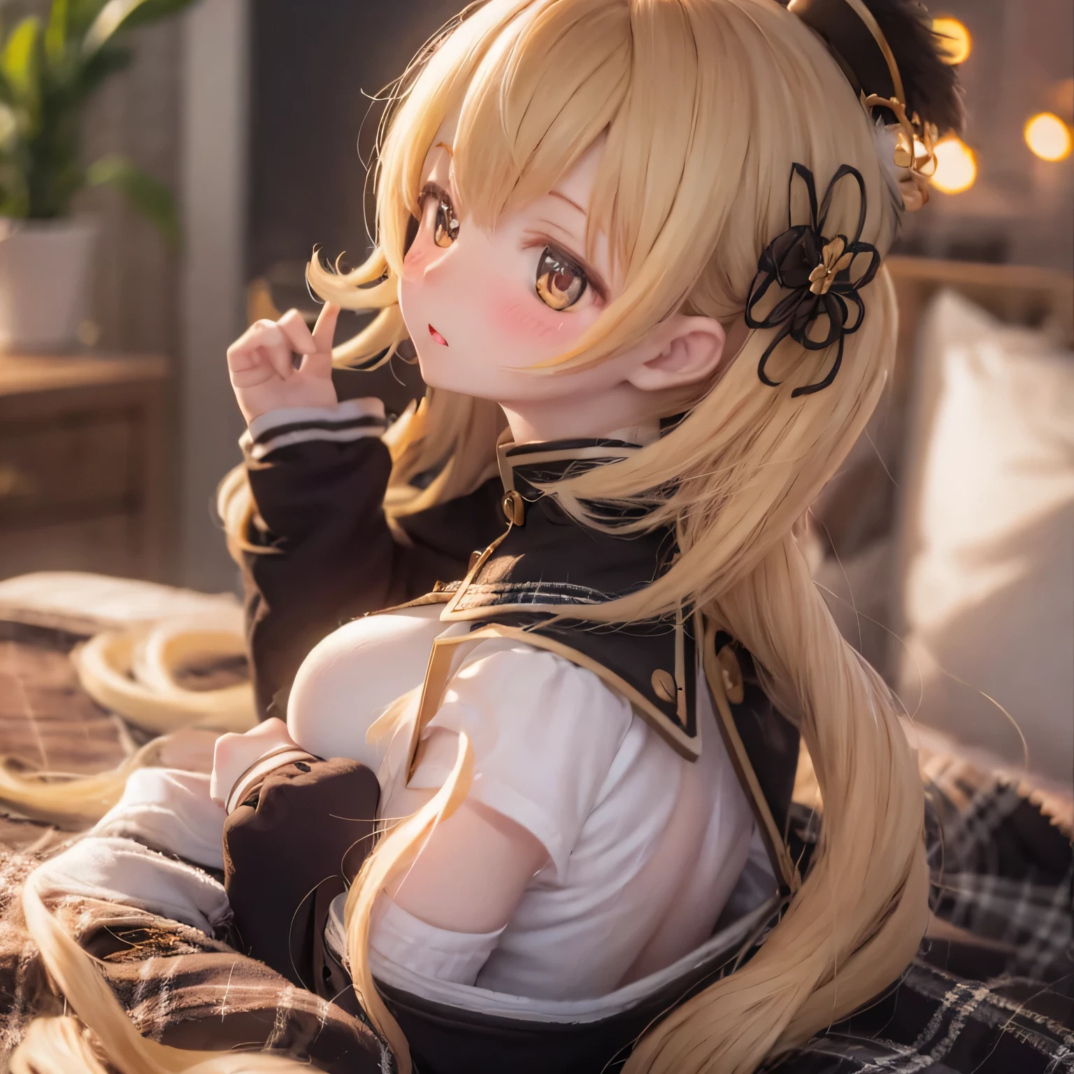 detailed, Beautiful woman with expressive eyes, Perfect Face, Long golden hair, Golden Eyes, Pでk Lips, Attention to detail, Anime Style, Bright colors, cute, Thick and sensual lips, Curvaceous and voluptuous body, blush, Rye and bed. poor、Looking back over her shoulder in a sexy pose