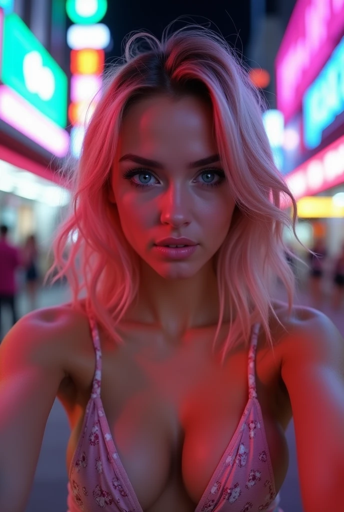 selfie of a 18 year old girl with light dark and red hair , round face and blue eyes in a bright city , futuristic, seductive, motion blur, glasses, huge fucking , massive breasts, blurred background, lots of cleavage, thin sundress, image focused on large cleavage, bright lighting,