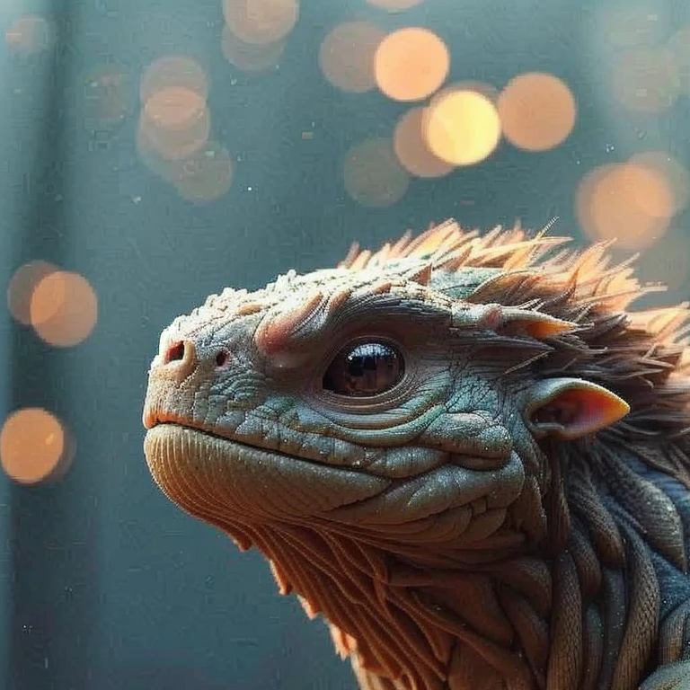 A highly detailed, ultra-realistic depiction of a mythical creature resembling a muscular, dragon-like lizard. The creature is positioned prominently in the center of the image, standing on a wooden surface. Its body is covered in thick, textured skin with pronounced, muscular ridges, giving it a powerful and ancient appearance. The lizard has a long, curled tail and sharp, clawed feet that grip the wooden surface. The head is adorned with small, horn-like protrusions, and its eyes are large, with a focused, intense gaze. The background features a soft bokeh effect with warm, glowing lights that create a magical atmosphere. The lighting is soft, with the light source coming from the top left, casting subtle shadows on the creature’s form, emphasizing its muscular build. The camera angle is low, giving the viewer a sense of the creature's size and strength. The overall mood of the image is one of quiet power and mystique.