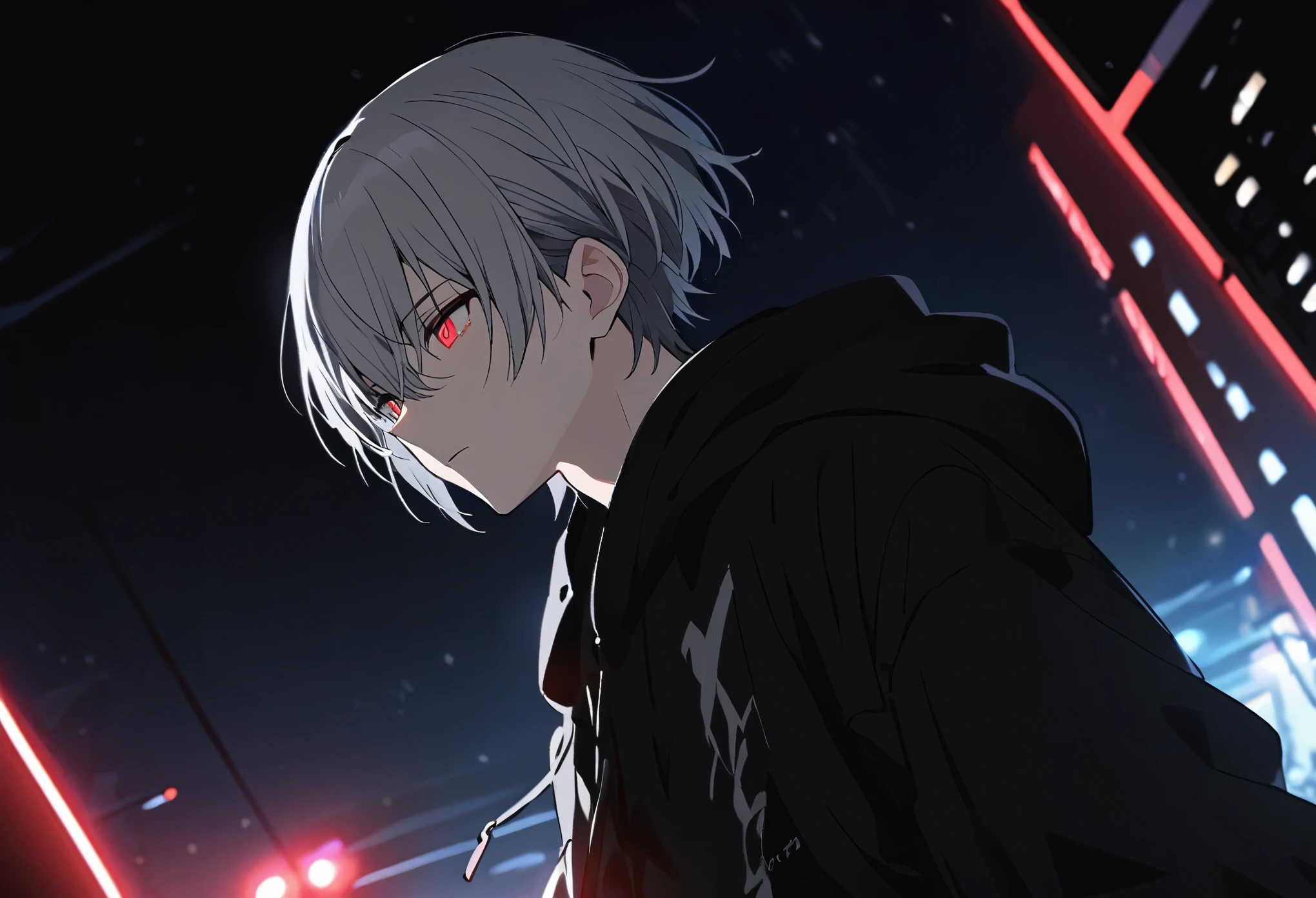 good looking, alone, 1 male, Gray Hair, Red eyes, Black Shirt, Black and white hooded, night, Black light,cute目,Short hairstyle,cute,Falling from the sky,綺麗なnight空