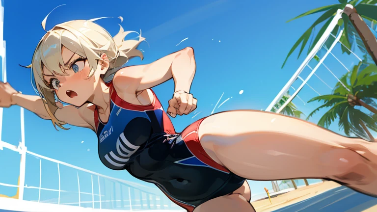 During a beach volleyball match、Draw a woman in a swimsuit about to jump and hit a spike.。Her concentrated expression and dynamic movements、Feel the tension and excitement of the match。
