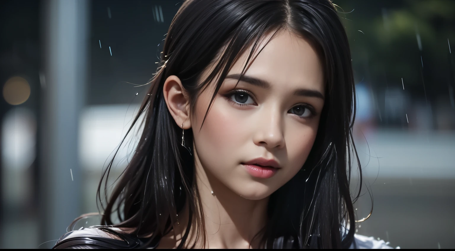 (best quality, 8k, masterpiece :1.3), Pretty Woman, 1 woman, (chest, attractive body :1.2), Abs :1.1, dark brown hair: 1.1, (Wet in the rain, soaked in the rain, wet body :1.2), very detailed face, detailed lips, detailed eyes, double eyelid