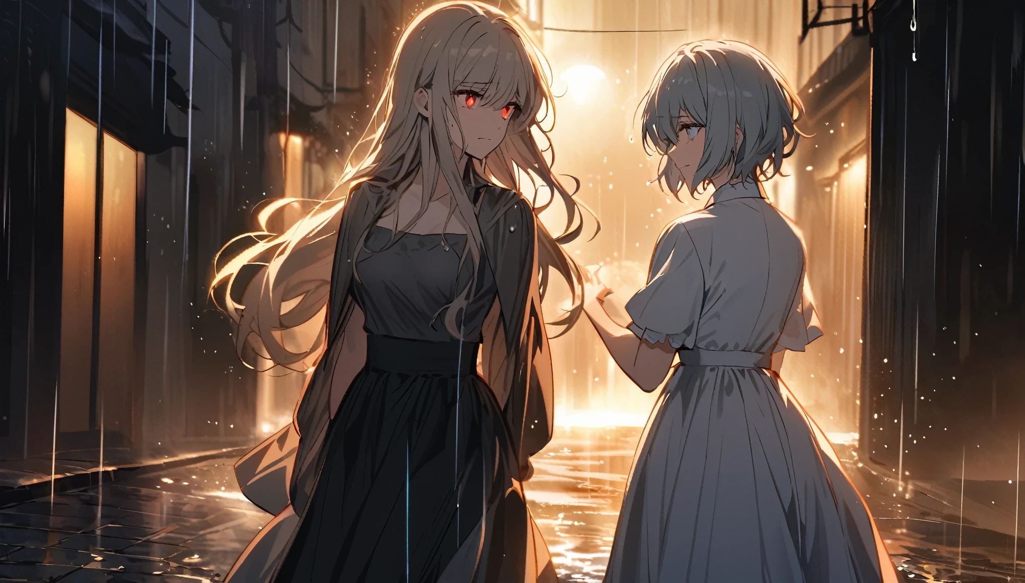 Two people stand facing each other in the pouring rain on a dark street corner at night. One woman is holding an umbrella, while the other woman is drenched and umbrellaless. The woman looks as if she is about to cry, and her eyes are slightly averted from the other woman, but deep down she feels that she does not want to leave. The other woman looks at the woman sadly, but she does not back down, demonstrating her strength of not giving up. In the background, the faint light of a street lamp shines coldly. The woman is a age girl character with grey hair, glowing red eyes, long hair, and a mole under her left eye. The other female character has golden hair, glowing blue eyes, short hair,