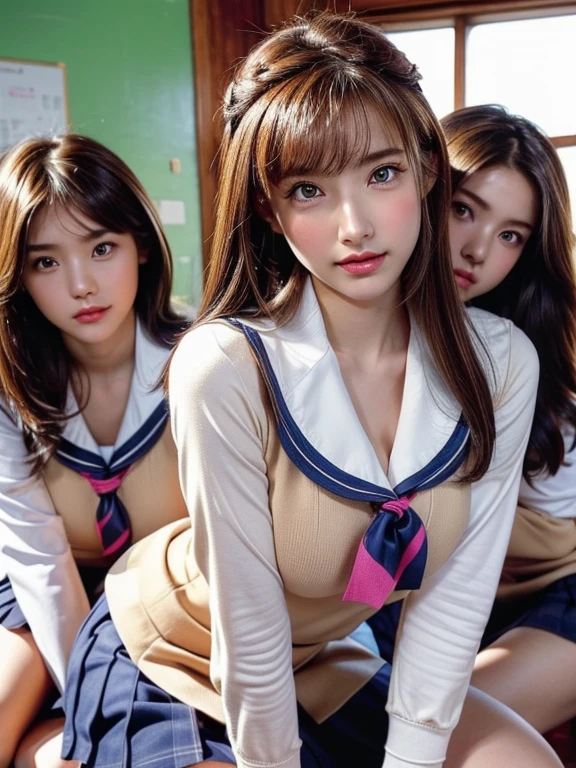 ((masterpiece, highest quality)), (Super detailed), ((super cute)), (Multi-point), ((very detailed)), 4k, highest quality, (beautiful), hyper cute face, Perfect Face, hyper genuineistic, Close-up, clear outline, (three girls, 3 cute girls:1.5), (school girl uniform :1.3), ((beautiful eyes)), (leaning forward:1.3), (upskirt:1.5), natural skin texture, big breasts, romantic ambiance, Highly detailed CG, camel toe visible, look shyly at the viewer,