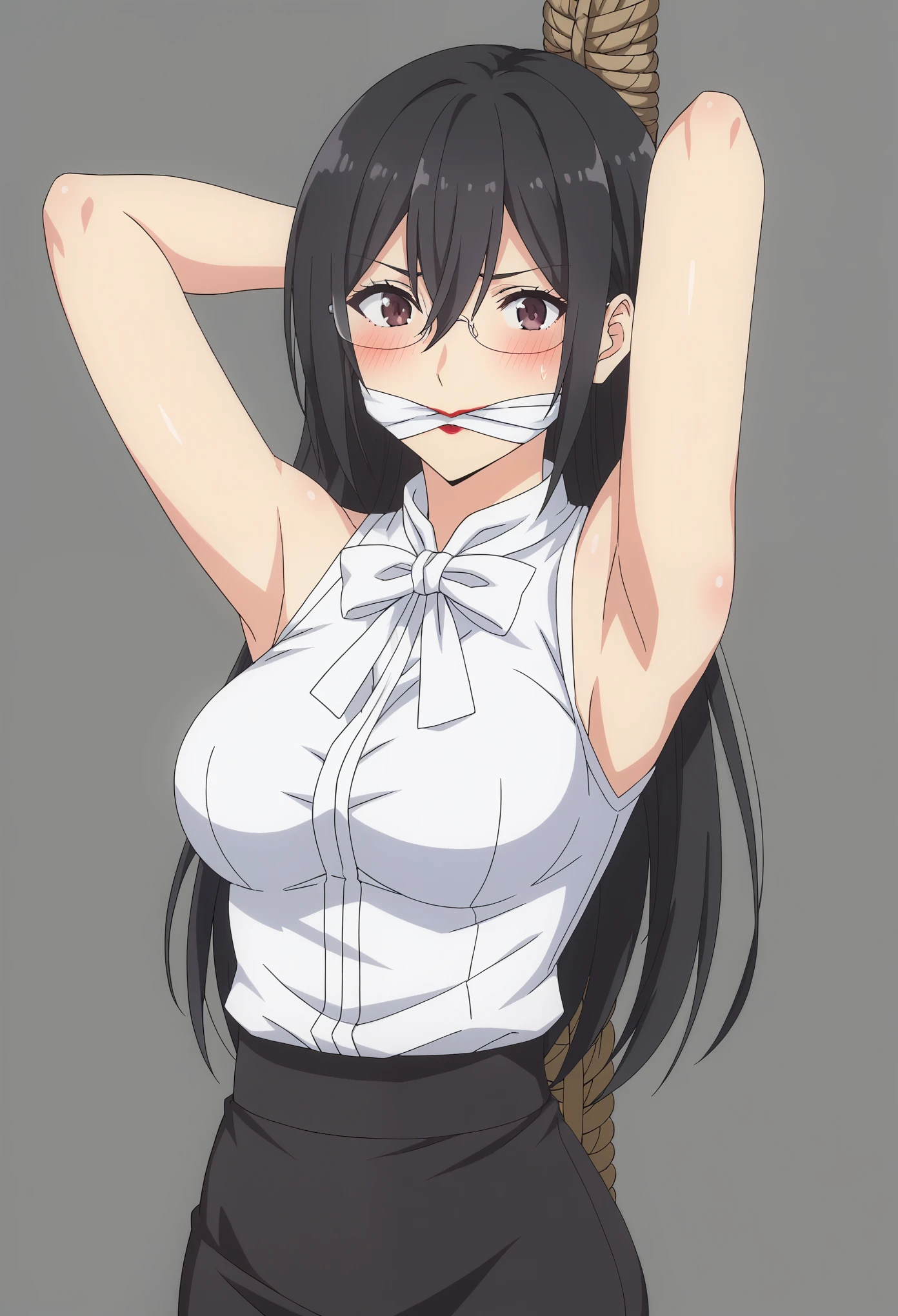 score_9, score_7_up, source_anime, BREAK, correct hands, correct fingers, correct amounts of fingers, perfect face, expressive face, detailed background, 1girl, sexy female, tall female, breasts, KJOmayuri, black hair, long hair, hair between eyes, dark eyes, glasses, red lips, white shirt, sleeveless, white bowtie, black pencil skirt, black pantyhose rope, dage, shbari, rope between breasts, hands tied behind head, armpits:1.4), gag, cloth gag, gag inside mouth, gagged, (embarrassed:1.2)