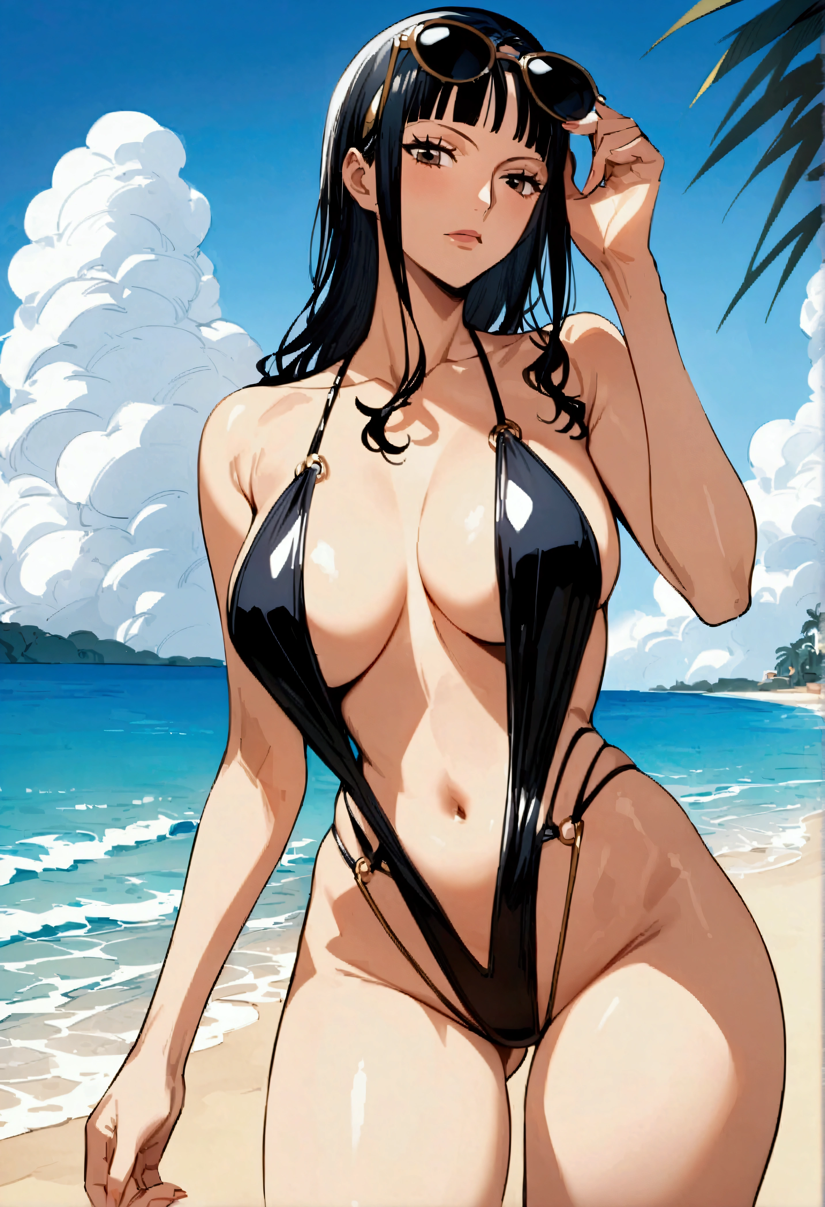Masterpiece、Highest quality、Super detailed、Nico Robin\(one piece\),Slingshot swimwear、Beach、solo、1 person、Put sunglasses on your head