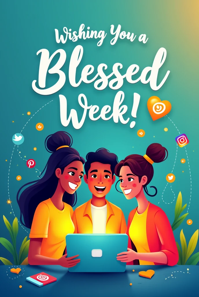 Create a design for a social.media marketing business wishing ckients a blessed week, add social media logos to it