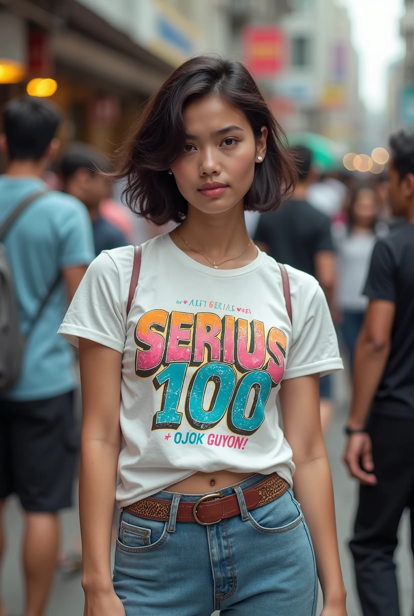 Beautiful Indonesian girl, Wear a t-shirt with a strong t-shirt vector design featuring a dynamic mix of modern graffiti. The phrase "SERIUS HER" "OJOK GUYON!!", is rendered in bold pastel tone, distressed typography, short wavy hair, in a public place, surrounded by many men, big and sexy breasts, with a shooting angle from the front, very realistic, (complex detail: 0. 9), (hdr, hyperdetail: 1.2), RAW, Sony Alpha a9 II, 24-105mm f/4, HDR,