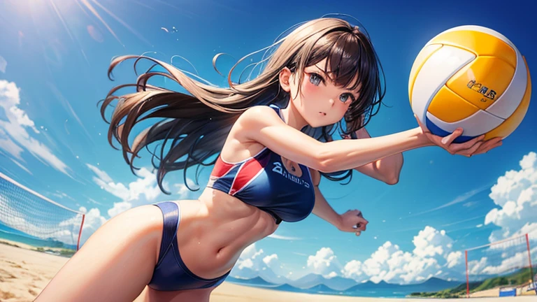 On the sandy beach volleyball court、Please draw an illustration of a woman in a swimsuit with a serious look on her face as she plays a game.。She hit the ball back with force.、The blue sea and sky spread out in the background.。