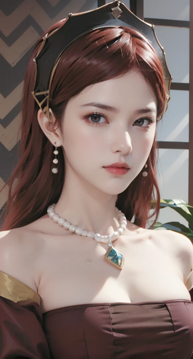 (masterpiece:1.4),(absurdre:1.4),solo,1girl,portrait,looking_at_viewer,Hilda_aiwaifu,long hair,jewelry,earrings,red hair,necklace,makeup,large breasts,pearl necklace,gem,lipstick,grey eyes,hairband,collarbone,hairband,bangs,red lips,bare shoulders,cleavage,dress,red dress,detached sleeves,strapless,tiara,long dress,strapless dress, red dress, off_shoulder,, indoors,bottle,building,city,cloud,curtains,full moon,kerosene lamp,moon,night,paper,picture_frame,plant,window,(sidelighting:1.2),, depth_of_field,shadow,focused,(colorful:1.221),(professional lighting:1.221),(sharp focus,scenery,:1.221),, 8K, (masterpiece,perfect face,perfect eyes:1.5),(absurdres,incredibly_absurdres:1.331),((light red hair))