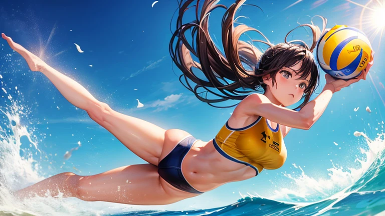 During an intense beach volleyball rally、Please draw an illustration of a woman in a swimsuit diving on the sand to catch a ball.。White waves and shining sun in the background、The passionate battles of sports are depicted。
