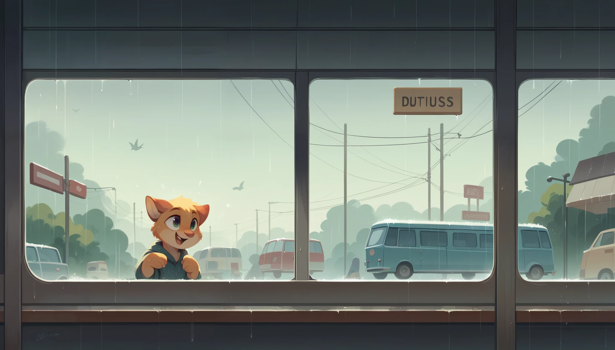 Show the bus from a different angle, with the windshield wipers going swish-swish-swish. The bus driver, smiling and focused, is visible through the front window. The scene has a playful tone, with rain lightly falling, creating reflections on the wet street.