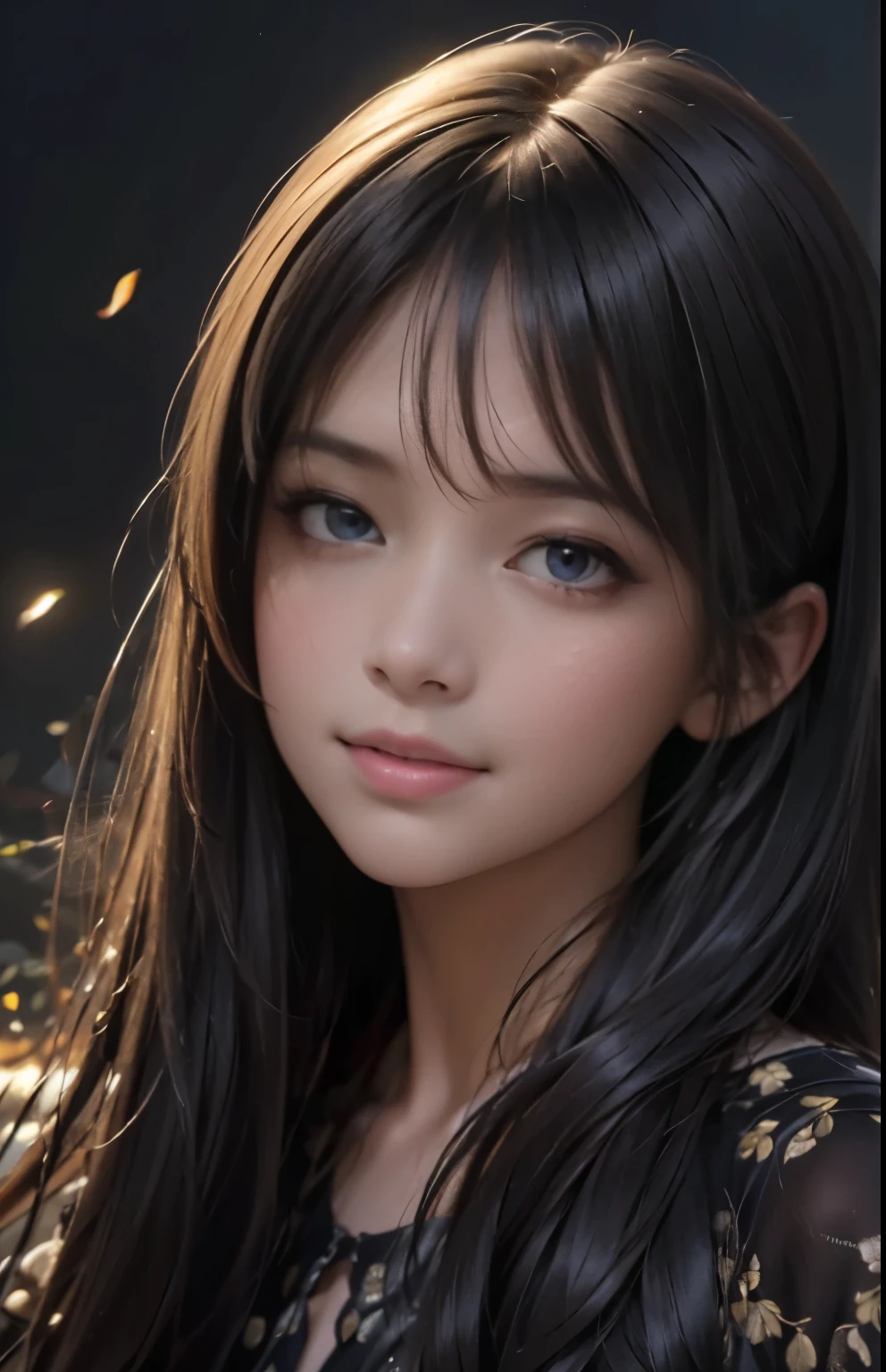 (extremely realistic), (illustration), (improved resolution), (8k), (very detailed), (Best illustration), (beautiful and delicate eyes), (best quality), (very detailed), (masterpiece ), ( wallpaper), (detailed face), alone, 1 girl, looking at viewer, fine details, detailed face, in the dark, deep shadows, low key, pure face_v1, smiling, long hair, black shawl straight hair , 46 point diagonal bangs