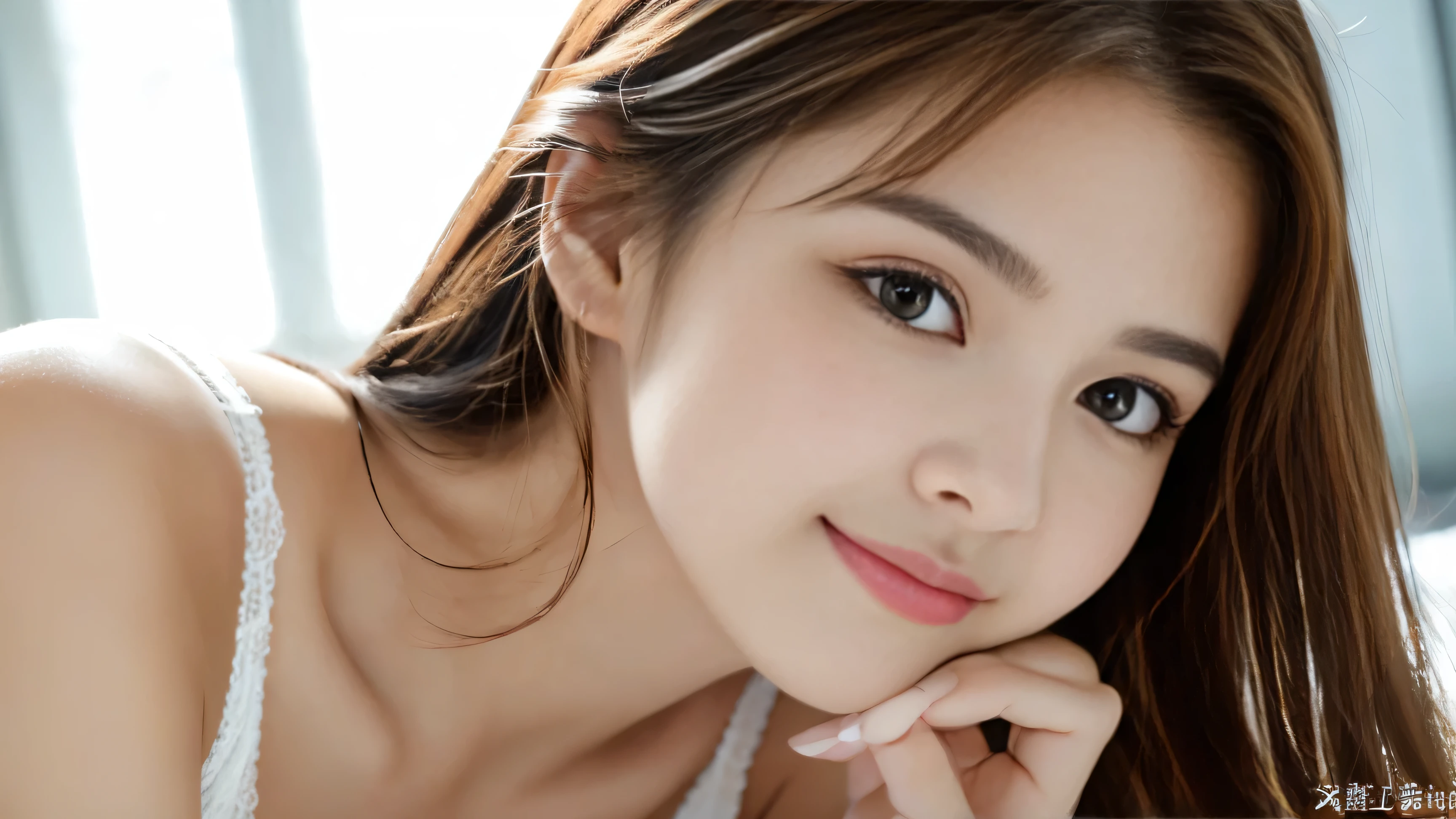 (((8k,Attention to detail,Attention to detail、Highest quality,masterpiece,Attention to detail,))),RAW Photos & Realistic atmosphere,Beautiful dark eyes,Mouth Details,Glossy Lips,Thin eyebrows,beautiful Eyes、Soft white skin that shines in every detail、Her deep black eyes are very beautiful, Very beautiful face,Very beautiful face、Lively Faces,beautiful, Glistening lips,beautiful Eyebrows,Infinite Reality, Realistic Young Gravure Idol,Very cute woman , Young Gravure Idol, Young Gravure Idol, とても美しくてかわいいbeautiful 21 year old,Incredibly beautiful and elegant,beautiful 21 year old,Natural soft light,A little brown hair,(Shiny Hair,,beautiful and kind eyes:1.5),A kind smile,Shapely breasts,Medium Long Hair,beautiful posture,No makeup,Looking to the future,white lingerie with white race, lying on bed,bedroom,window, backlight, half close eyes