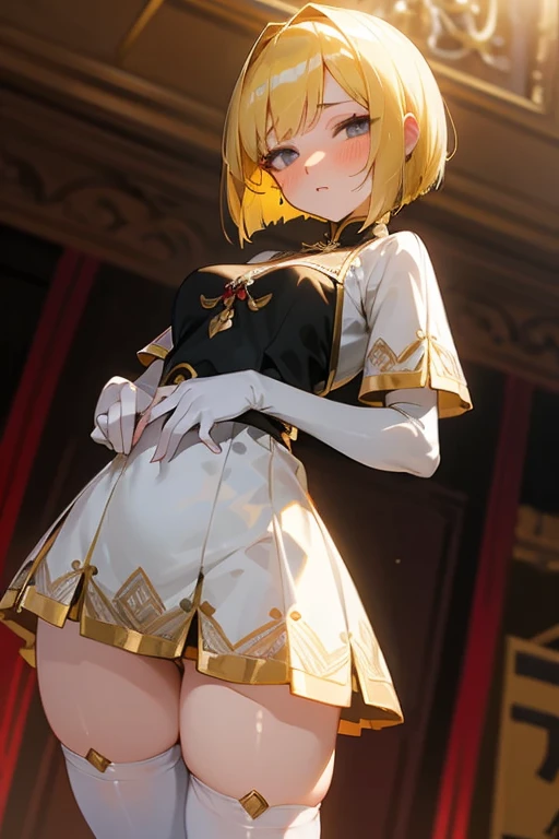 (Ultra extreme detailed),(Masterpiece),(Ultra extreme),(Realistic),CG,(color:1.2), Strong lighting,Light from behind,evaluation:Safety,One blonde, one alone., white,Blonde Short Hair,length hair,Green Eyes,white_gloves,garter_strap,absolute_ryouiki,_skirt,white_skirt,whitecolorストーキング,expensive_Heel,white shrite,length_sleeve,black_Cape,short_((whiteいビキニ服))、Inside the store、((Soaking wet))