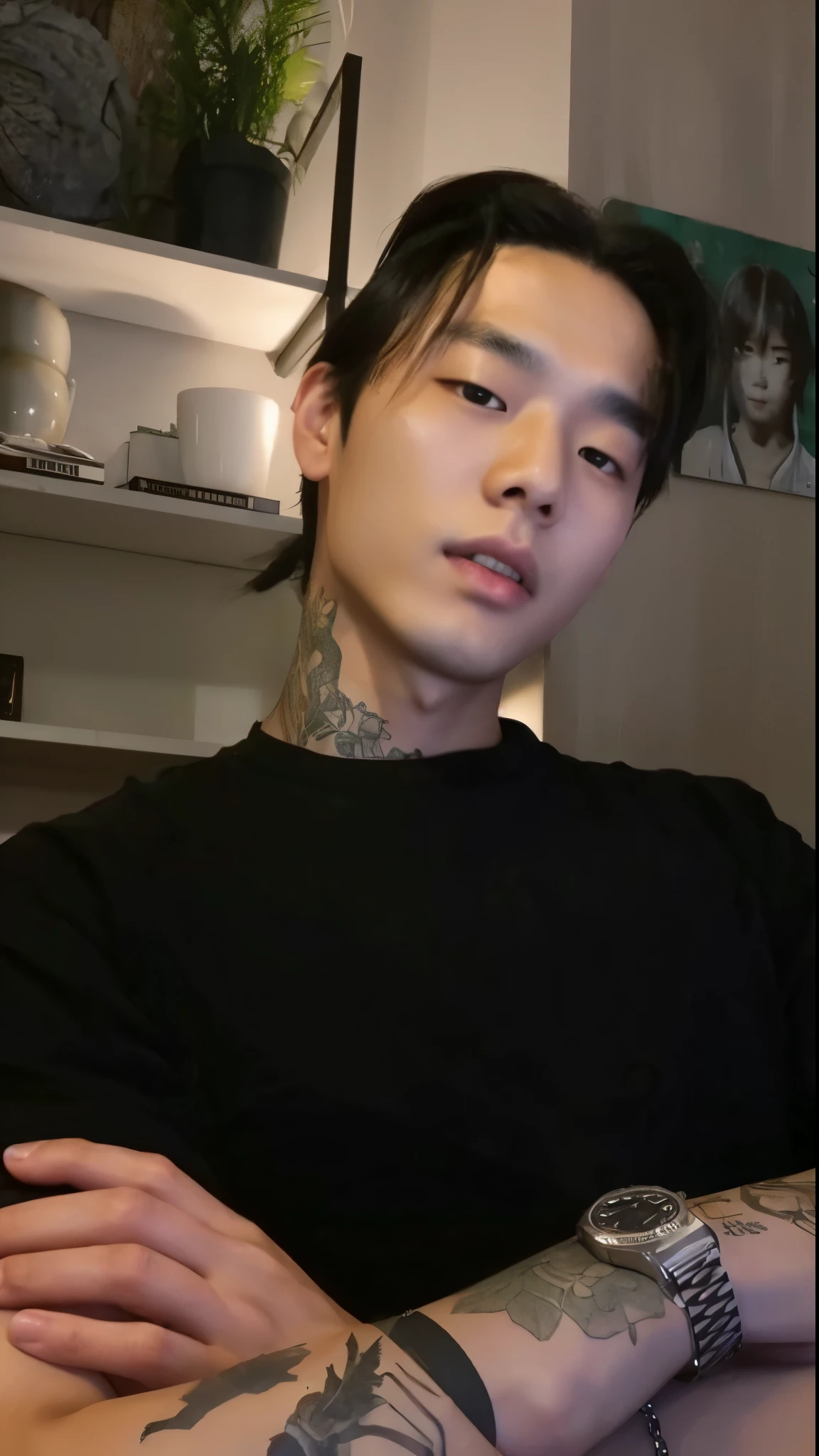 A closeup of a person with a tattoo on their arm, pale korean face, Jinyoung Shin, Kim Doyoung, TaeJune Kim, Jung Jaehyun, Hyung Tae, sometimes ulzzang, Jimin\his right eyelid is swollen, Korean artist, jinyoung blackhead aesthetic, jossi de blackpink, hong june hyung, 1 7-year-old boy with a thin face, bts kim taehyung 