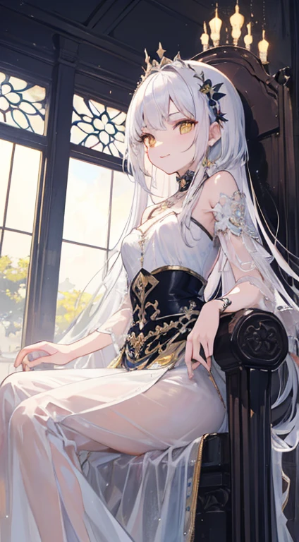 (Masterpiece:1.2), best quality, (illustration:1.2), (ultra-detailed), hyper details, (delicate detailed), (intricate details), (cinematic light, best quality Backlights), clear line, from below, soloist, perfect body, (1girl), white hair and yellow eyes, (emperor, see-through clothes), (crown: 1.1), sitting on the throne, smile, (shy: 1.2 ), (makeup), high contrast, (best illumination, an extremely create and beautiful), (cinematic light), colorful
