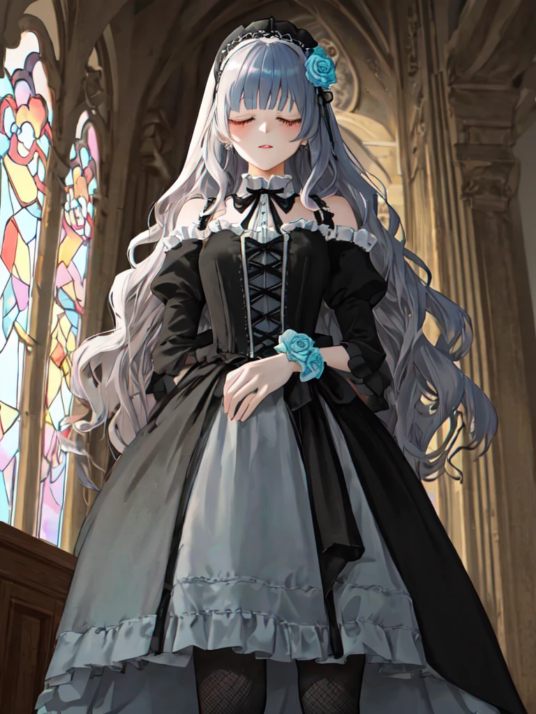 extremely quality extremely detailed, contrapposto, Faint lips,UC:realistic glow shine like opal deep-silky-healthy-lackwarm-foundational-soft-skin, photo realistic ray trace depth of field, extremely quality extremely detailed, illustration, contrapposto, cute anime face cinematic lighting cinematic angle, lower eyelashes eyelashes, eyeliner, Gothic Frilled dress, long skirt, Headdress, bowknot, hair ornament, hair flower, black fishnet_pantyhose, garter straps, Lace, cross-laced footwear, frilled blouse, ribbon-trimmed sleeves, puffy sleeves, bloomers, candlestick, stained glass, intricate gothic architecture, +++
aqua eyes ,
light indigo hair,
very long hair ,
hime cut,
wavy hair ,
hair over eyes, covered eyes, blunt bangs,
hair flaps ,
;3,
blush_stickers ,
+++, Close-up , looking afar, hip view