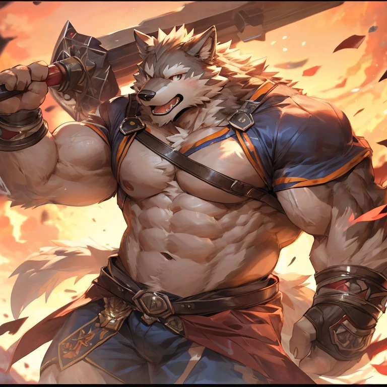 (2D Animation:1.5),Half Body Shot,View your viewers, (Highest quality:1.3), (masterpiece:1.3), (Super detailed:1.5),(Detailed eyes),Sharp focus,Japanese anime,manga,(Droopy eyes),(Male figure:1.3),(Wolf:1.2),smile,Open your mouth,Huge muscles,(Thick:1.2),(The big one),expensive,(Broad shoulders),((Cool T-Shirts)),Big thighs,(From null-ghost:0.9),by lindong,Full body fluffy,