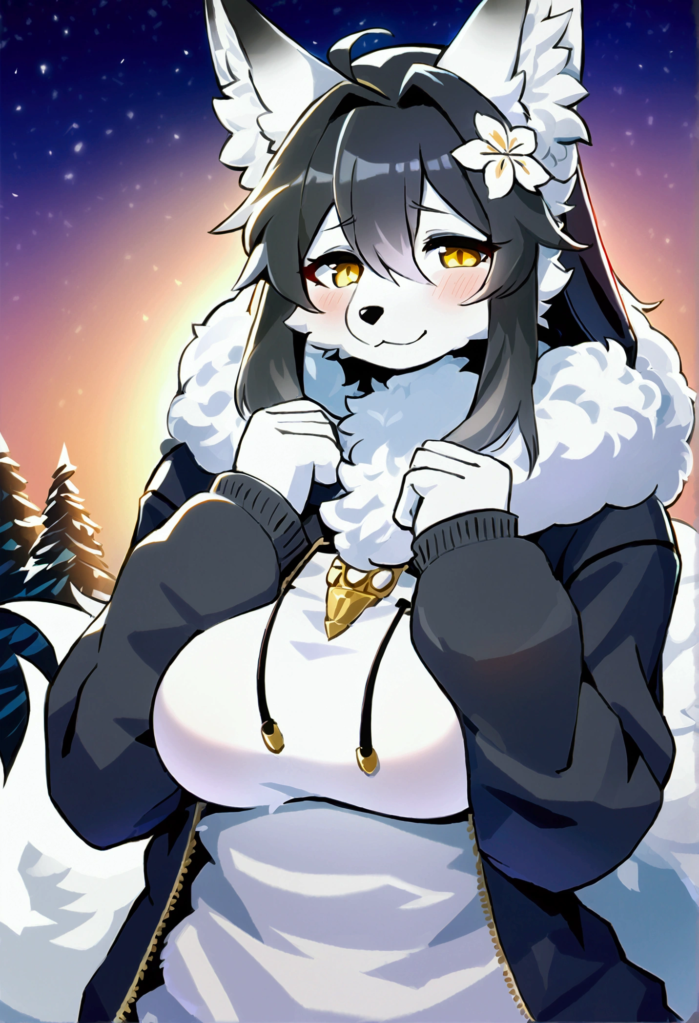 top quality, best quality, High-quality illustrations, masterpiece, 16k, 1080p, uploaded on e621)(kemono, furry, anthro, alone), round, 1 female, hot mother figure, very detailed body face and eyes, white fox, Tiare, (Alchemy Stars), white fur, fluff, big breasts, tail, perfect eyes, yellow eyes, black hair, beautiful winter clothes, winter hoodie on, holding a dagger, beautiful night, body movement, body twitching, shy smile, red blushing,