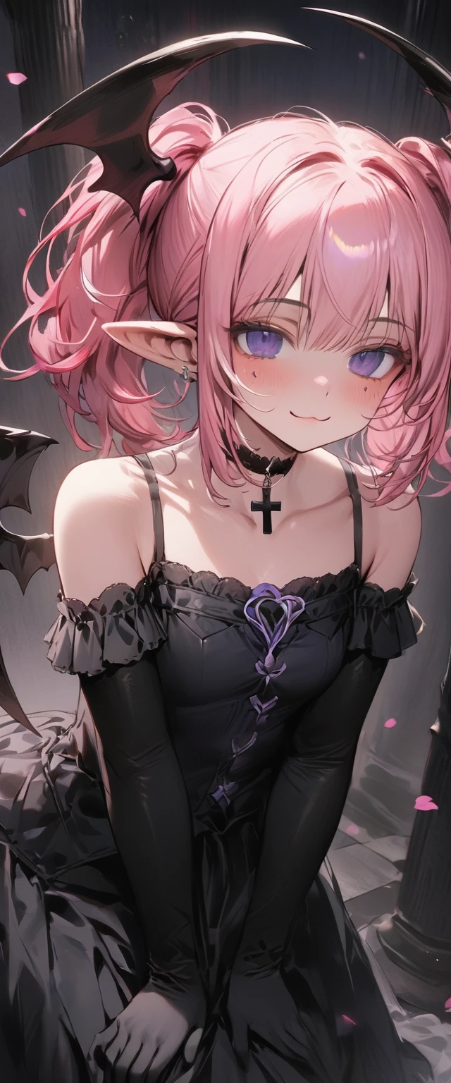 Ultra-high resolution, masterpiece, Highest quality, Very detailed, Anatomically correct, Sharp focus, Midnight, Gloomy atmosphere, church, Island Altar, One person, alone, Cami Love, Pink Hair, short hair, Shoulder-length hair, (black head wings:1.1), (Twin ponytail), Purple eyes, Purple iris, (Facial blemishes), Small Mouth, Mouth closed, smile, Cross choker, Black arm sleeves, Thin arms, Black gloves, Small box, 1 Devil Wings, One Wing, ((Long black gown)), Frilled gown, Slim legs, Black Stockings, (Black high heels), (whole body) , (close), Innocent pose, Eye-level shot, Front view, Innocent pose, Scattered pink petals