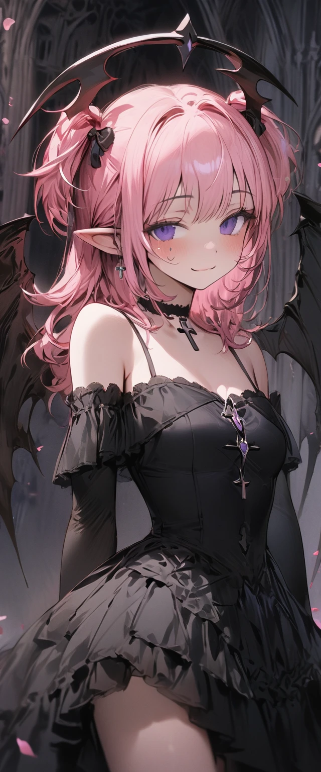 Ultra-high resolution, masterpiece, Highest quality, Very detailed, Anatomically correct, Sharp focus, Midnight, Gloomy atmosphere, church, Island Altar, One person, alone, Cami Love, Pink Hair, short hair, Shoulder-length hair, (black head wings:1.1), (Twin ponytail), Purple eyes, Purple iris, (Facial blemishes), Small Mouth, Mouth closed, smile, Cross choker, Black arm sleeves, Thin arms, Black gloves, Small box, 1 Devil Wings, One Wing, ((Long black gown)), Frilled gown, Slim legs, Black Stockings, (Black high heels), (whole body) , (close), Innocent pose, Eye-level shot, Front view, Innocent pose, Scattered pink petals