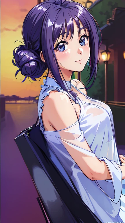 ((masterpiece, Highest quality, Highest quality, Official Art, beautifully、beautiful:1.2)),((masterpiece)),((Vibrant colors)),((Ayako Katagiri)),((幸せそうなsmile)),((smile)),((looks fun)),(Cafe Terrace),(Big Breasts),(((Side bust))),(sunset),(Skin exposed),(Cool)