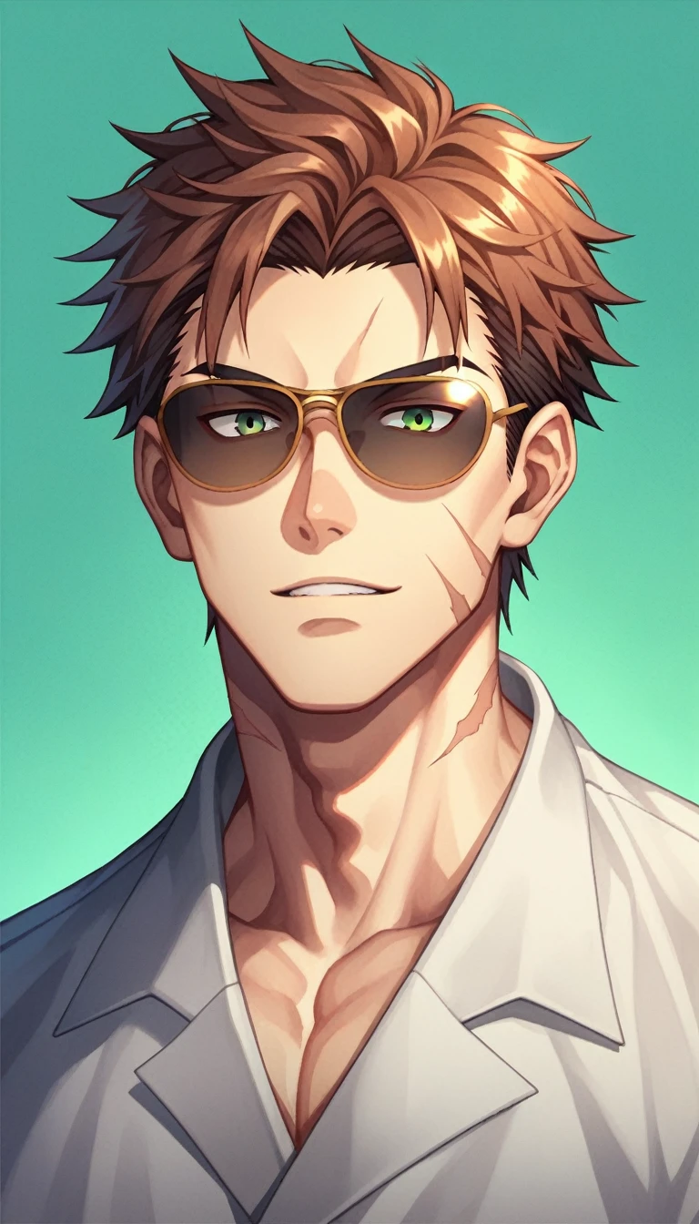 Anime Style, Yakuza, Japan Mafia, Scars on the face, To reveal murderous intent, Middle-aged man, Reddish brown hair, Green Eyes, Sharp Eyes, Short Hair, Calm. wise, Staggered sunglasses, Black ceremonial clothing, Background of the Ascending Dragon, Worldview of the Underworld, Surrealism, Expressionism, Anime Style, Cast a Shadow, Film Grain, Vignetting, silhouette, 1080P, Anatomically correct